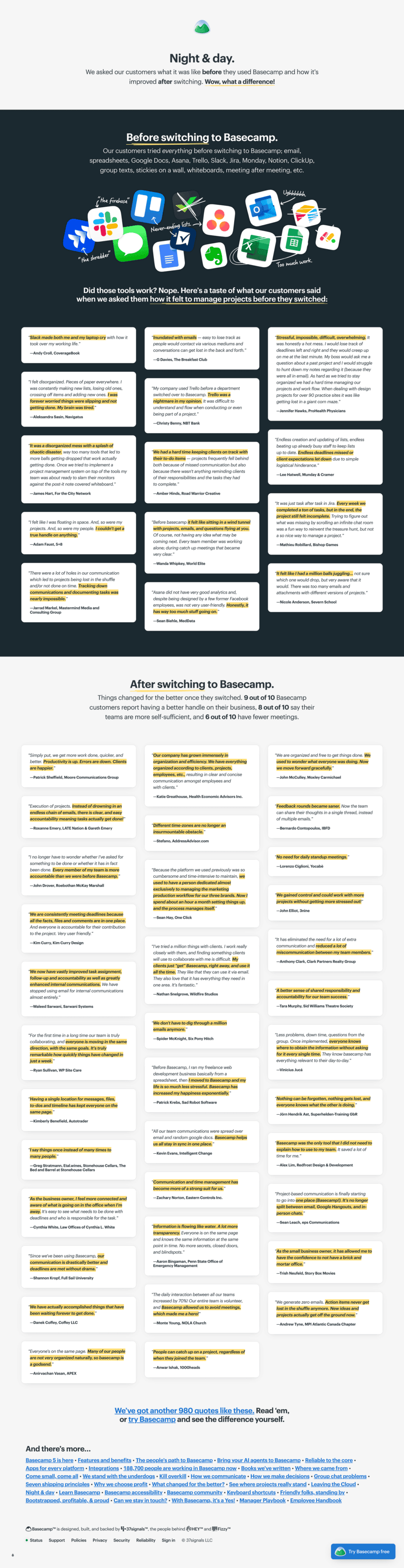 Basecamp testimonials website preview