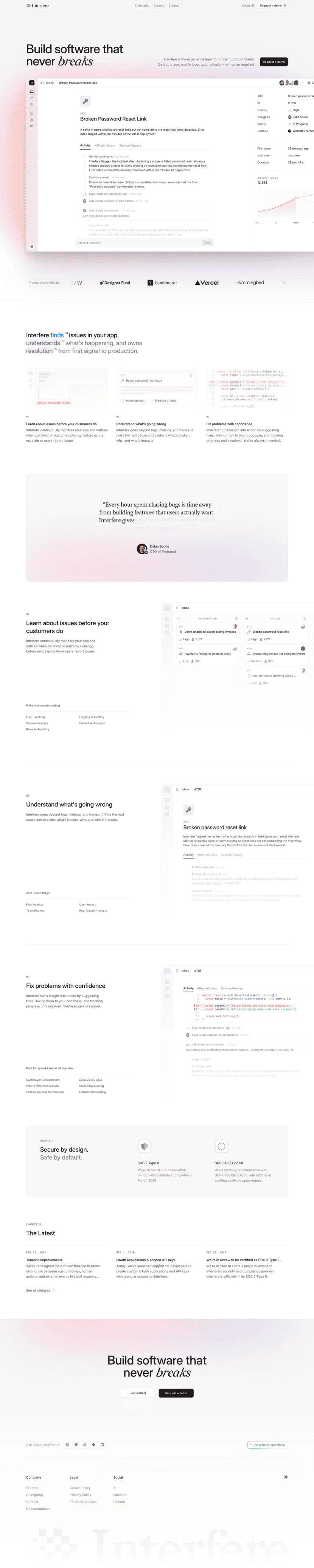 Interfere landing page website preview