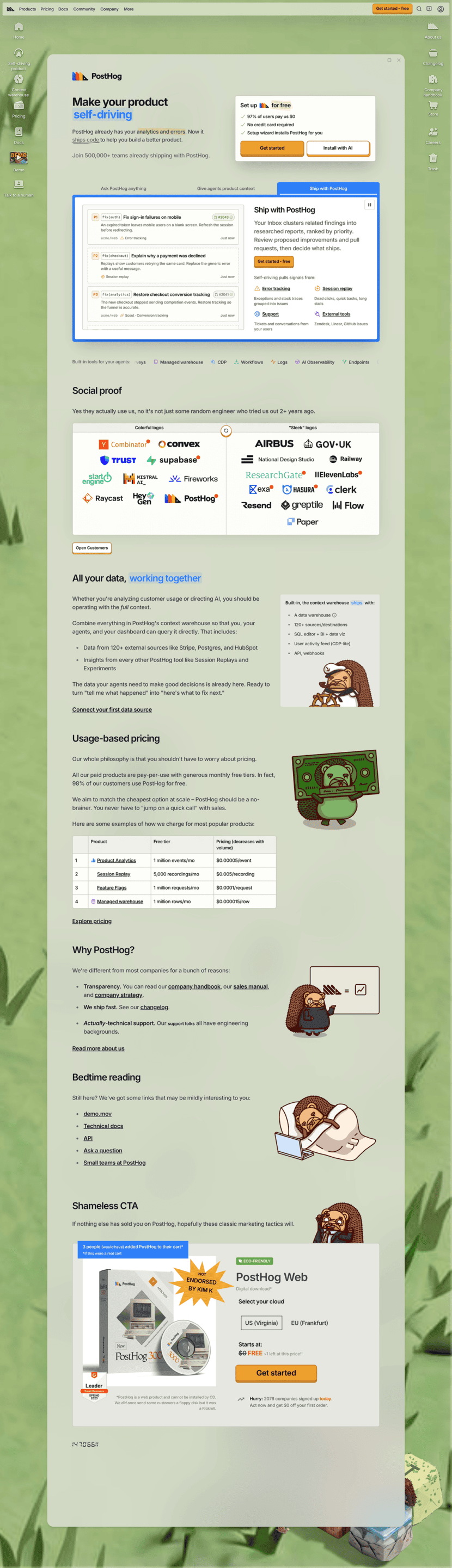 PostHog landing page website preview